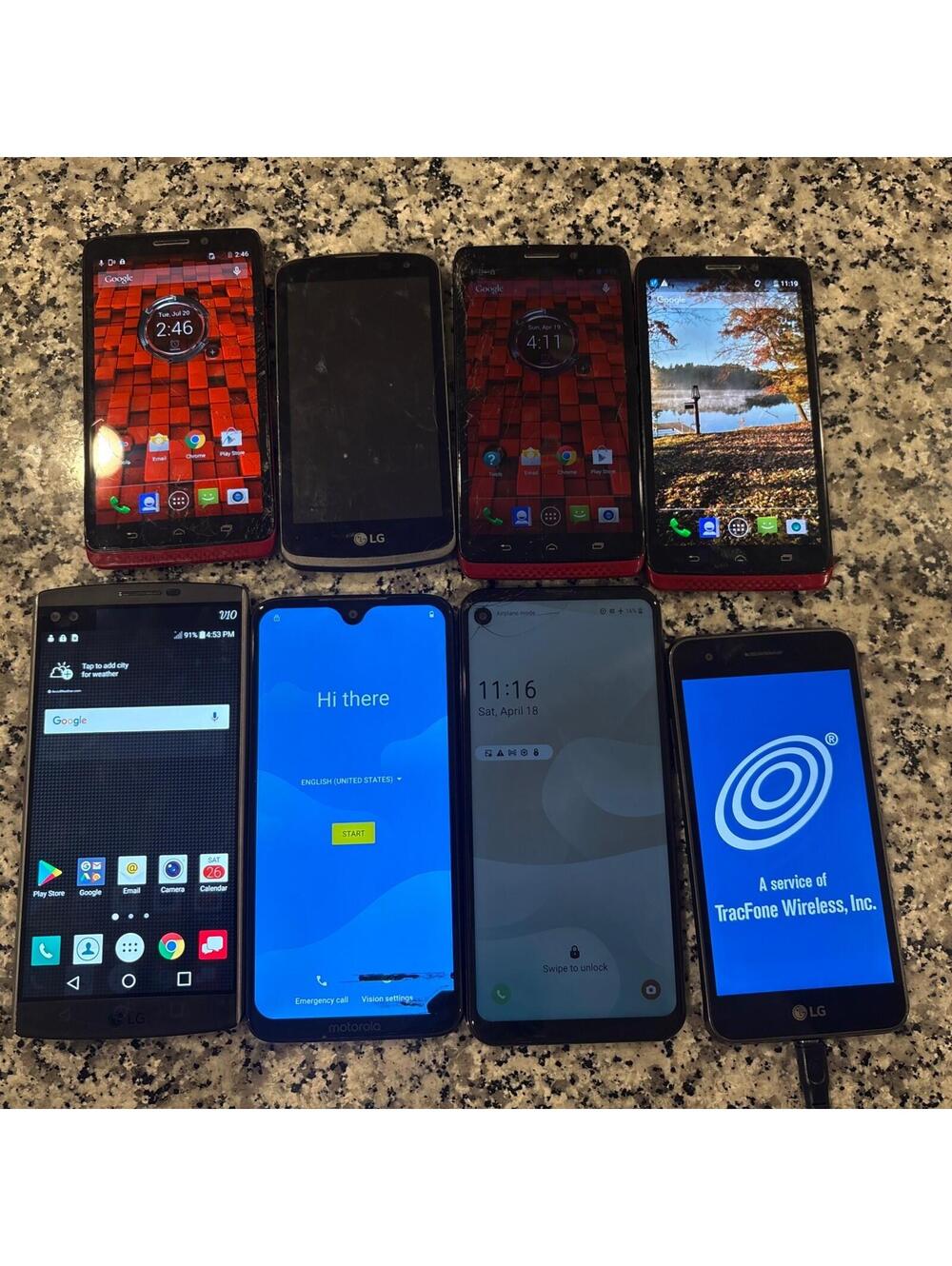 Lots Of 8 Android cell Phones 4 LG, 4 Motorola. Power On, Crack Screens Parts